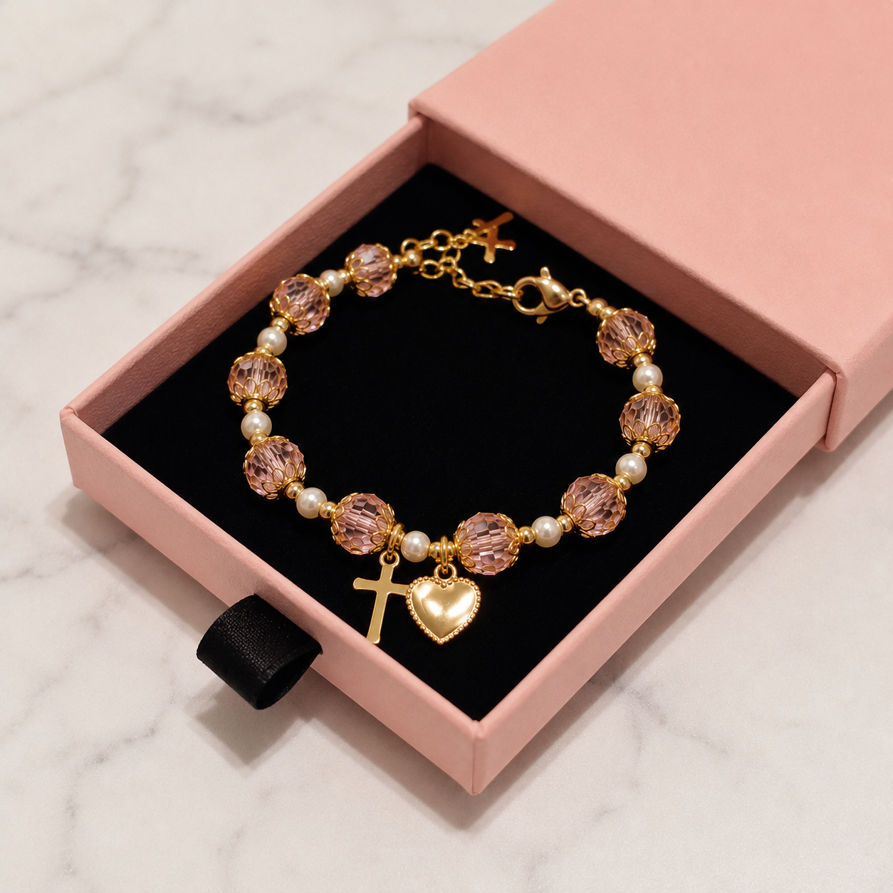 Girls' Pink and Gold Plated Pearl Cross Heart Deluxe Bracelet