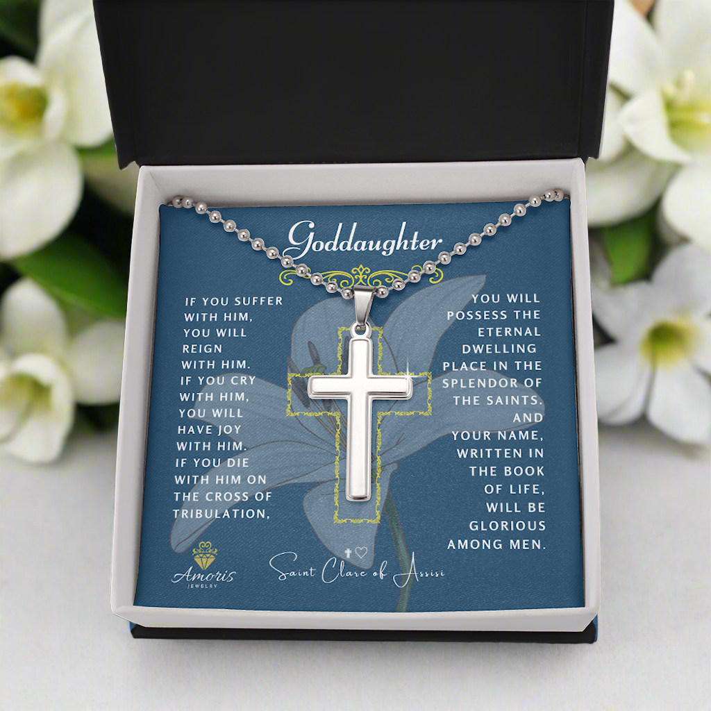 Goddaughter Cross Necklace with Saint Clare of Assisi Quote