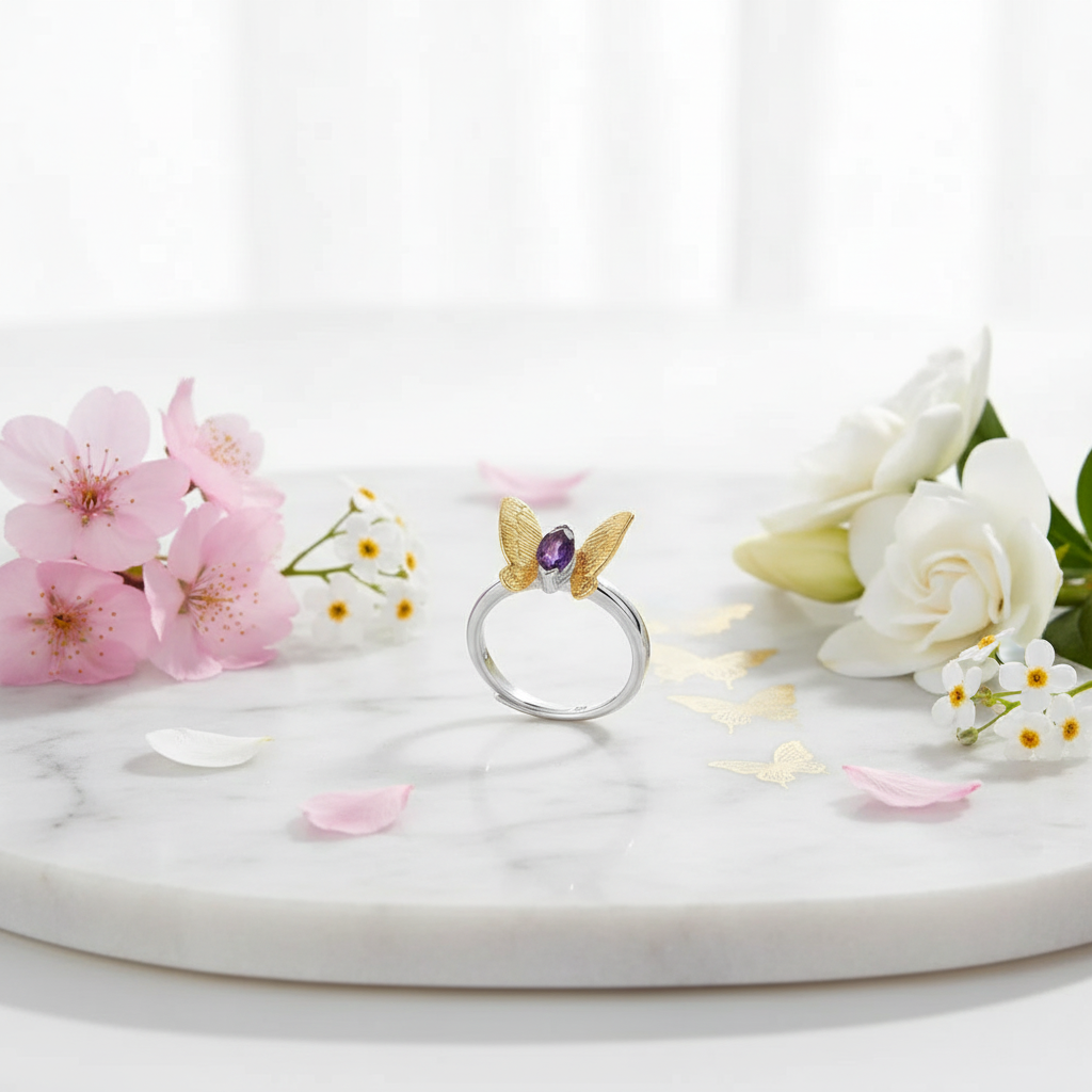 GRACE Amethyst Gold Butterfly Adjustable Ring in Sterling Silver