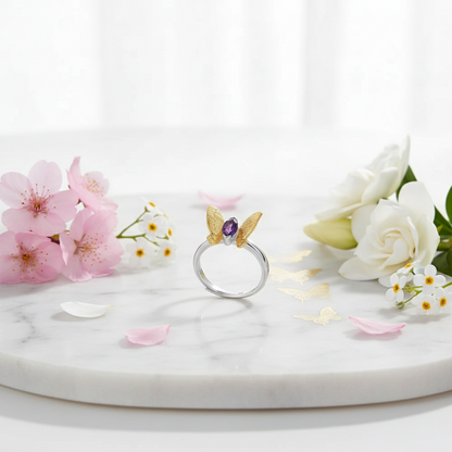 GRACE Amethyst Gold Butterfly Adjustable Ring in Sterling Silver