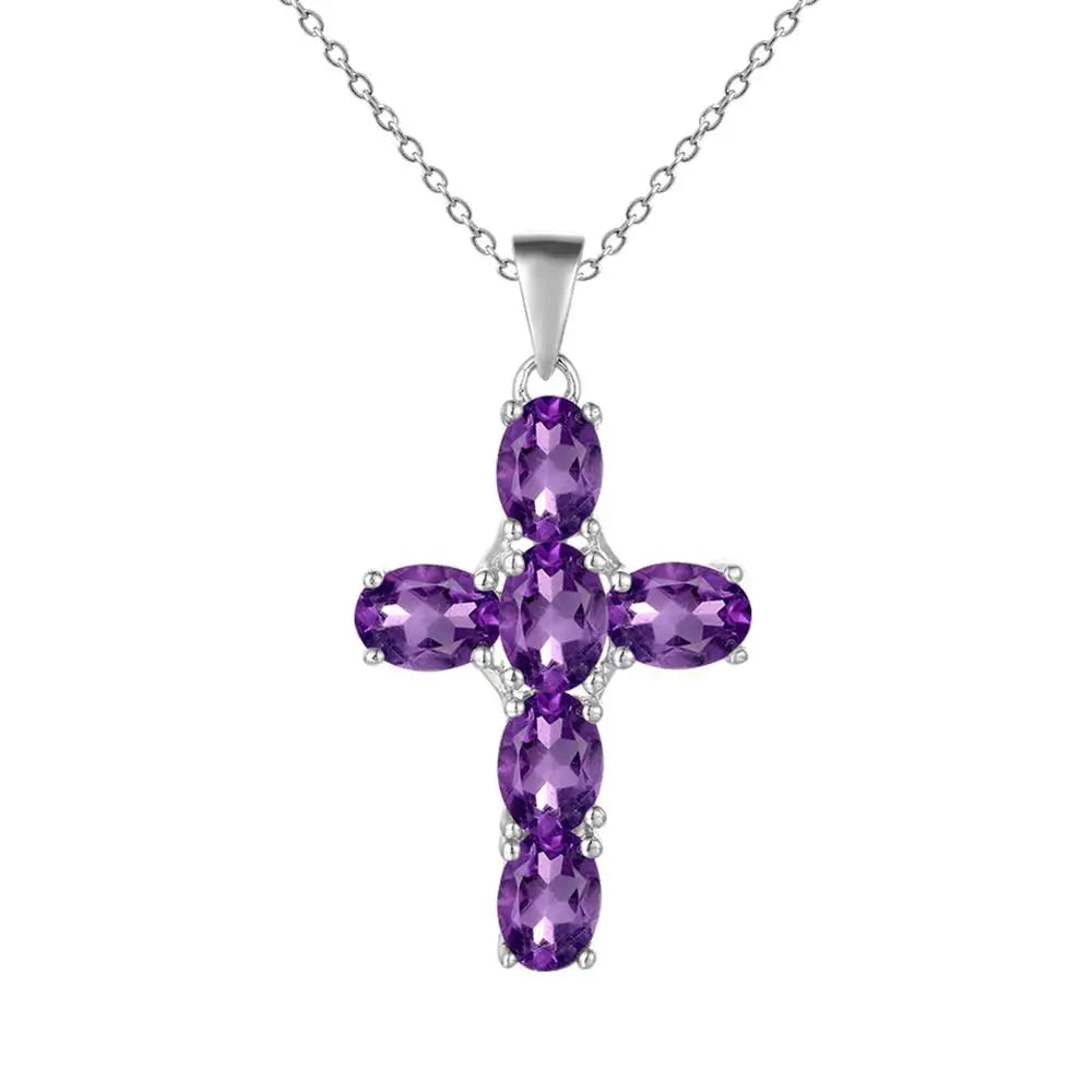 GRACE Oval Amethyst Multi-Stone Cross Necklace in Sterling Silver
