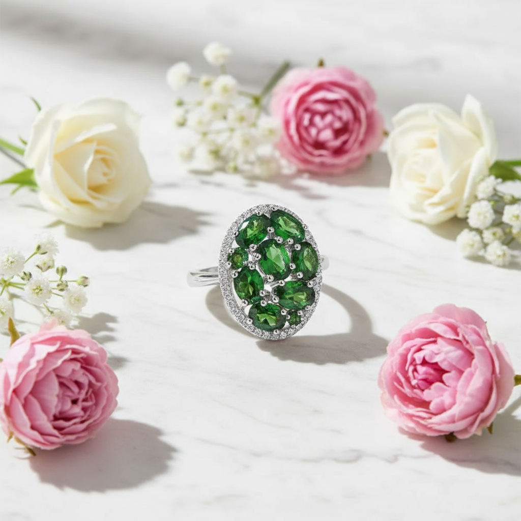 GRACE Gemstone Cluster Halo Ring in Sterling Silver