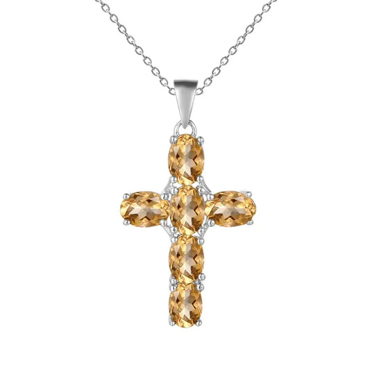 GRACE Oval Citrine Multi-Stone Cross Necklace in Sterling Silver