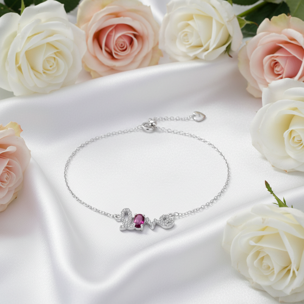 GRACE Cursive "Love" Adjustable Gemstone Bracelet in Sterling Silver