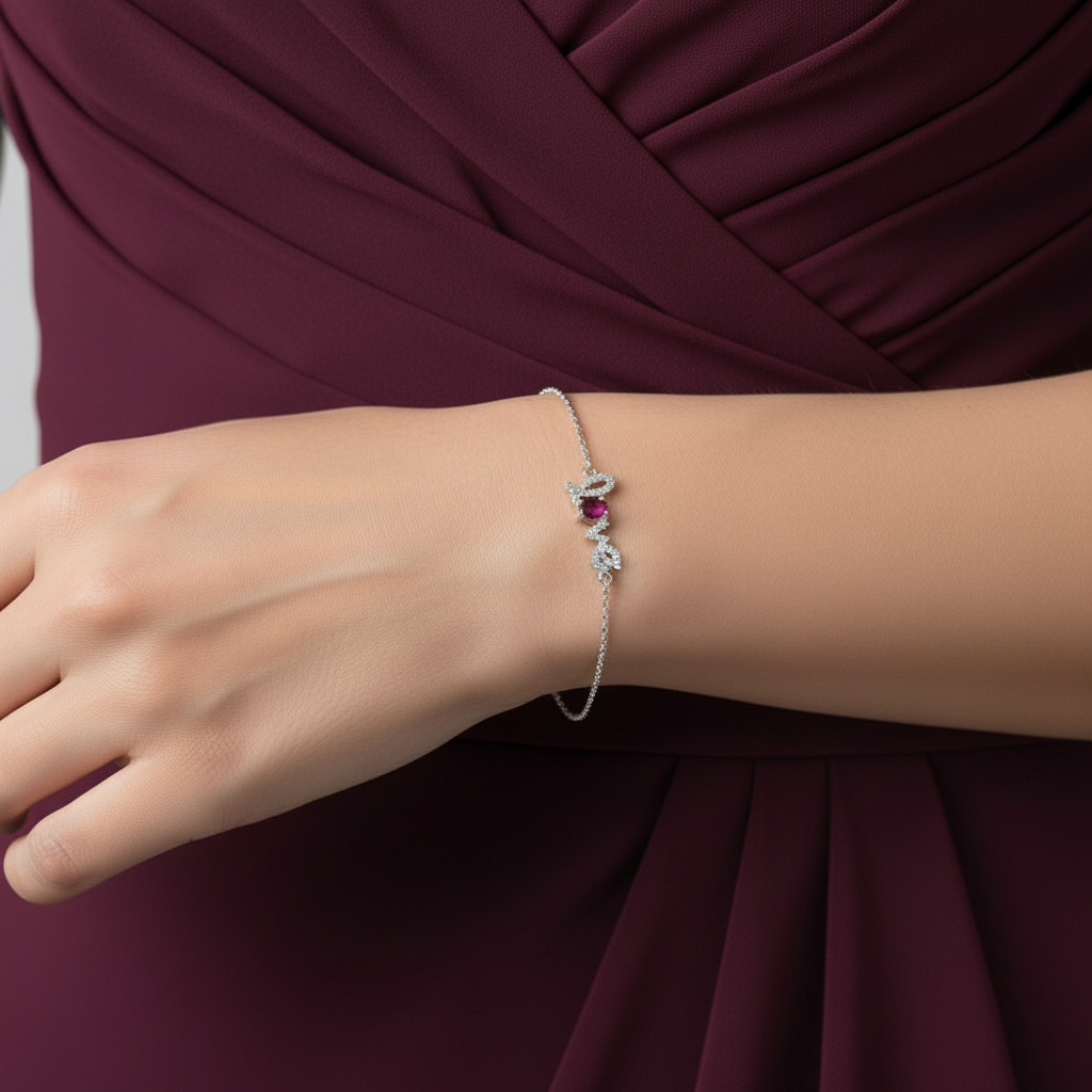 GRACE Cursive "Love" Adjustable Gemstone Bracelet in Sterling Silver