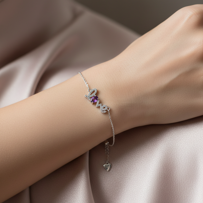 GRACE Cursive "Love" Adjustable Gemstone Bracelet in Sterling Silver