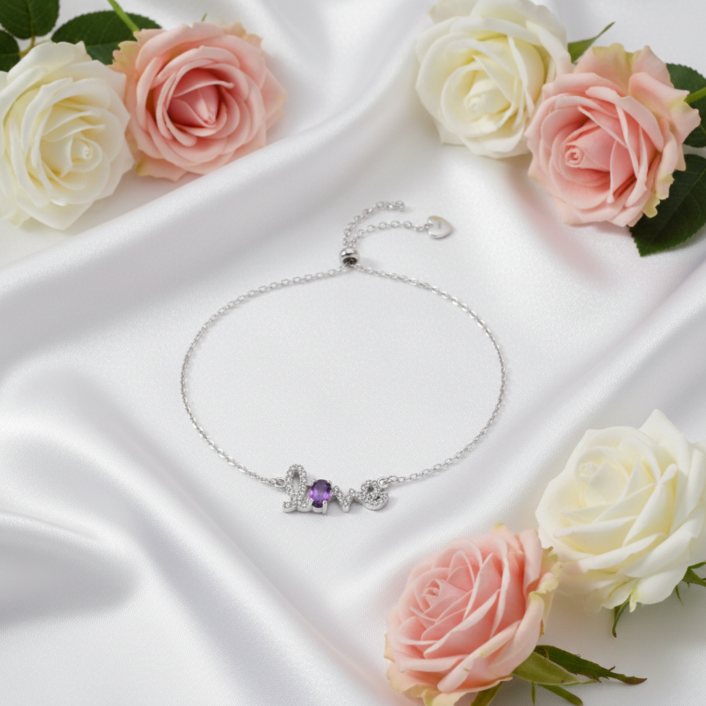 GRACE Cursive "Love" Adjustable Gemstone Bracelet in Sterling Silver