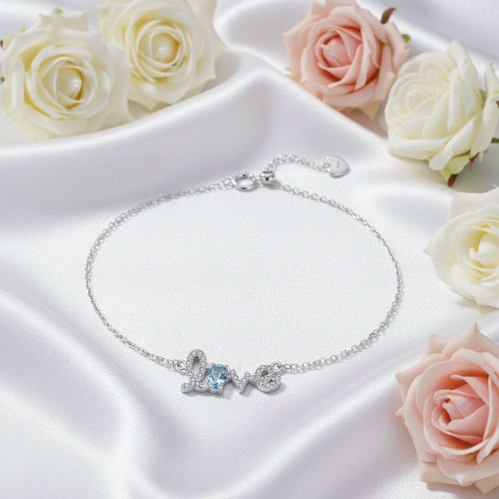 GRACE Cursive "Love" Adjustable Gemstone Bracelet in Sterling Silver