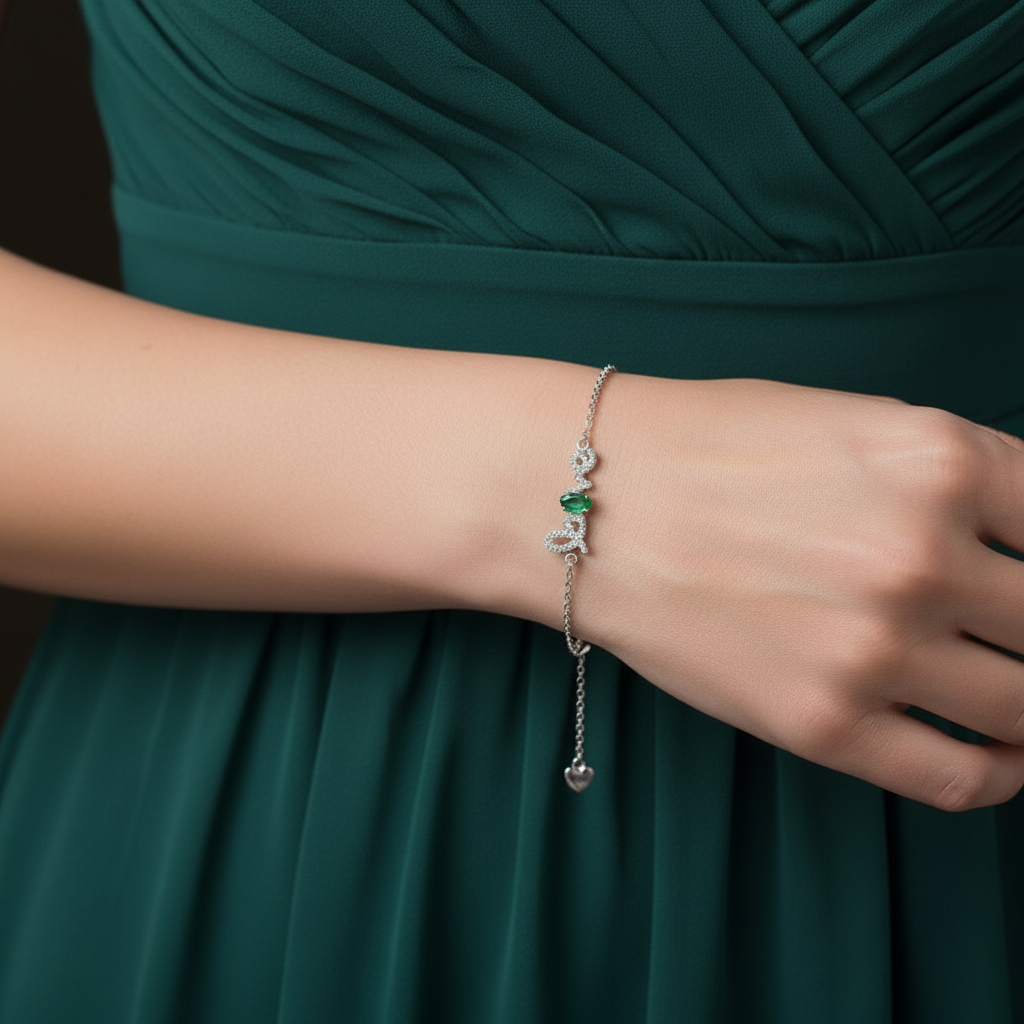 GRACE Cursive "Love" Adjustable Gemstone Bracelet in Sterling Silver