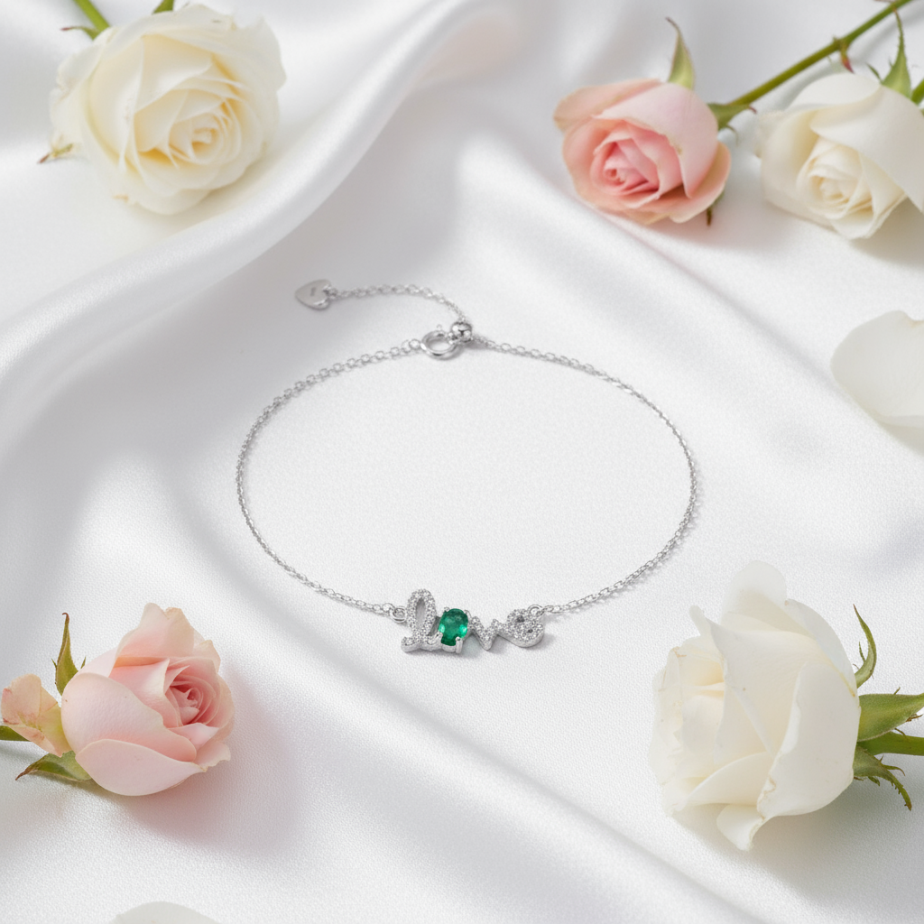 GRACE Cursive "Love" Adjustable Gemstone Bracelet in Sterling Silver