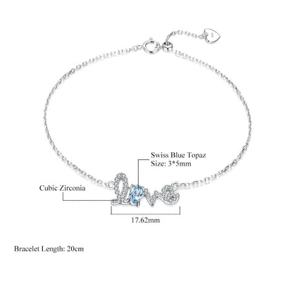 GRACE Cursive "Love" Adjustable Gemstone Bracelet in Sterling Silver