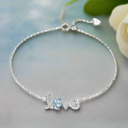 GRACE Cursive "Love" Adjustable Gemstone Bracelet in Sterling Silver