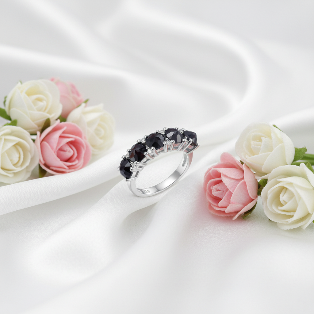 Bague demi-éternité GRACE à cinq pierres précieuses en argent sterling