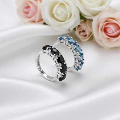 Bague demi-éternité GRACE à cinq pierres précieuses en argent sterling