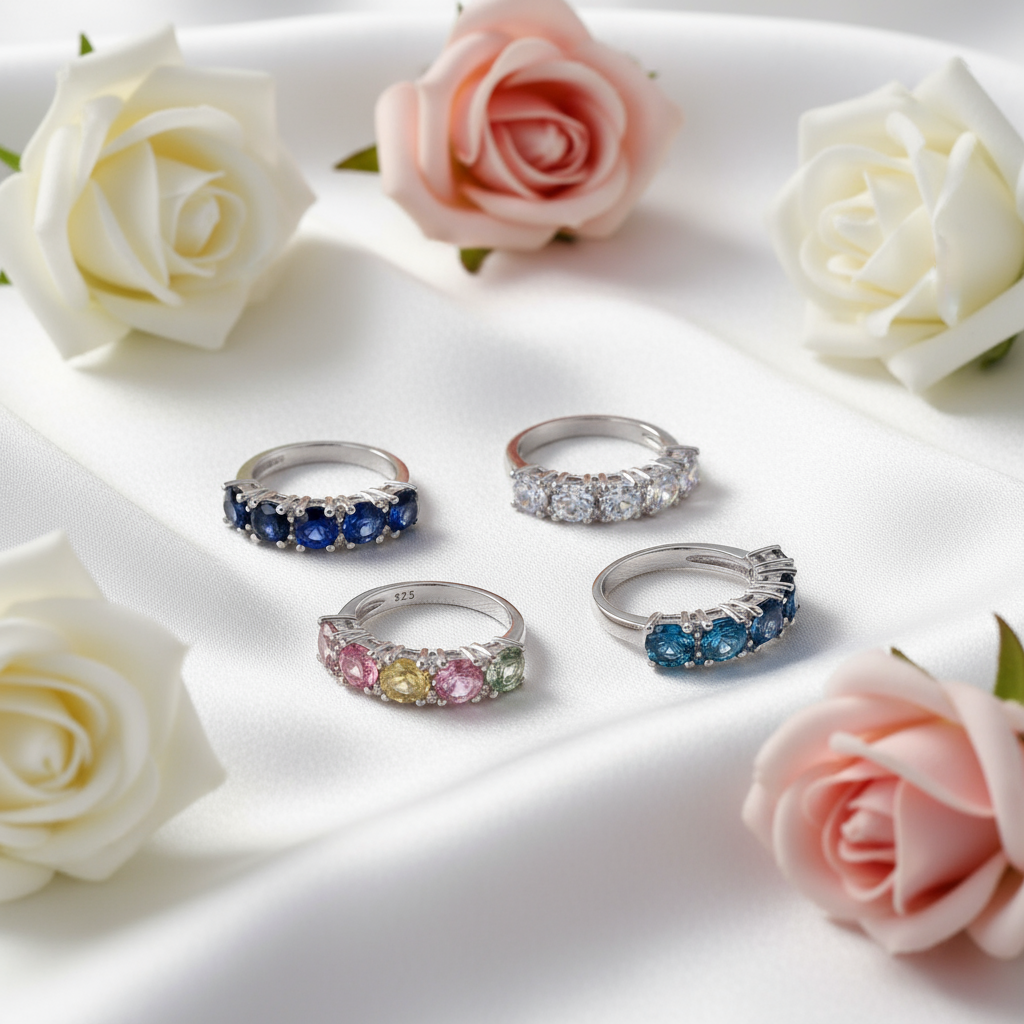 Bague demi-éternité GRACE à cinq pierres précieuses en argent sterling