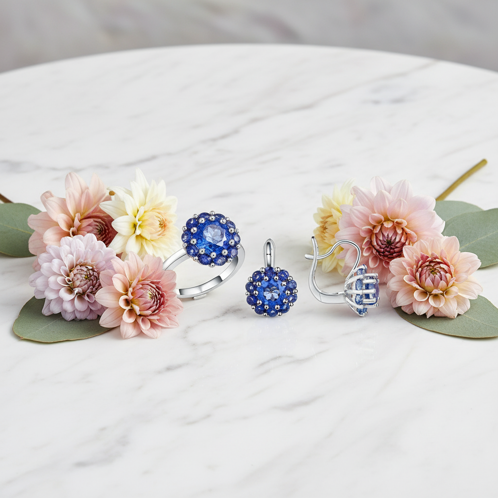 GRACE Gemstone Flower Cluster Earrings Ring Set in Sterling Silver