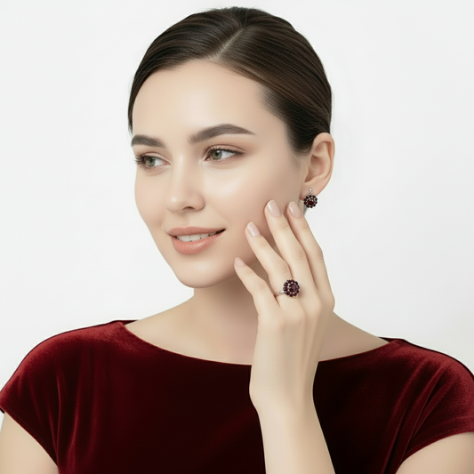 GRACE Gemstone Flower Cluster Earrings Ring Set in Sterling Silver