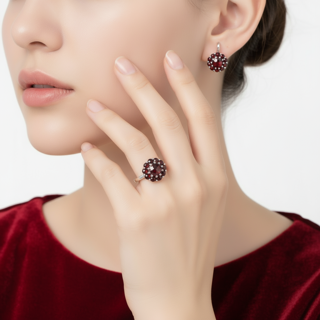 GRACE Gemstone Flower Cluster Earrings Ring Set in Sterling Silver