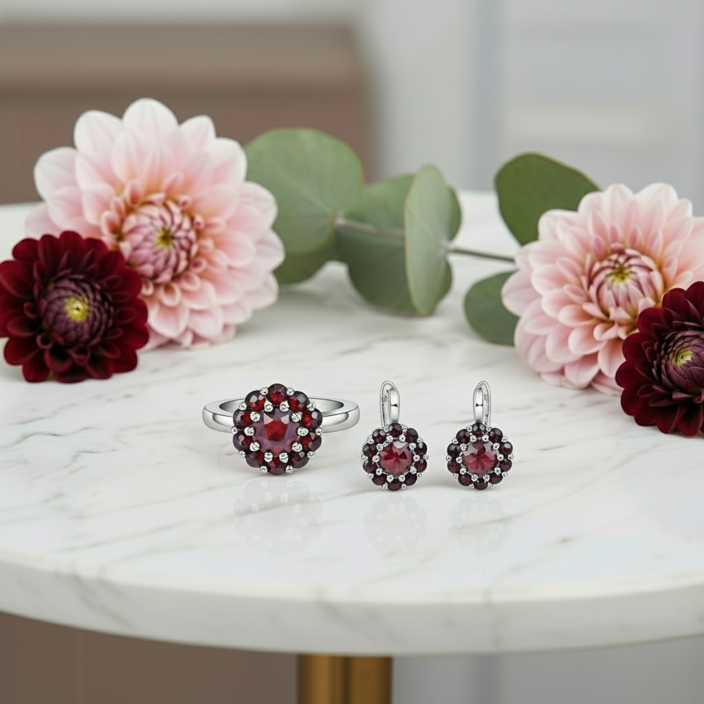 GRACE Gemstone Flower Cluster Earrings Ring Set in Sterling Silver