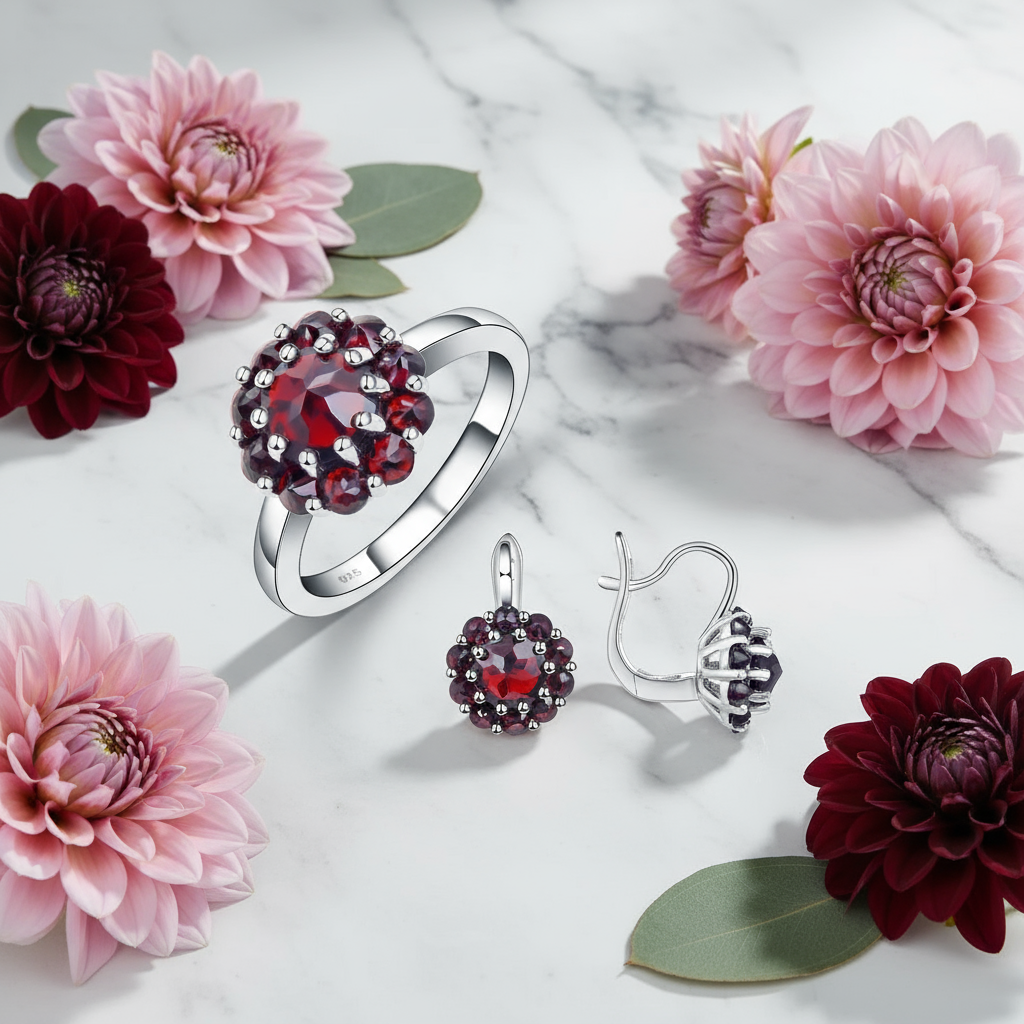 GRACE Gemstone Flower Cluster Earrings Ring Set in Sterling Silver