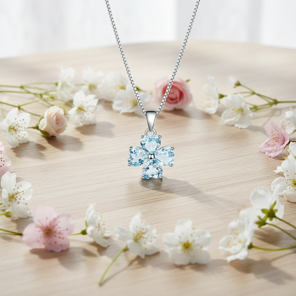 GRACE Gemstone Heart Flower Pendant Necklace in Sterling Silver