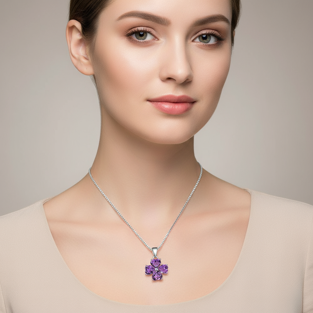 GRACE Gemstone Heart Flower Pendant Necklace in Sterling Silver