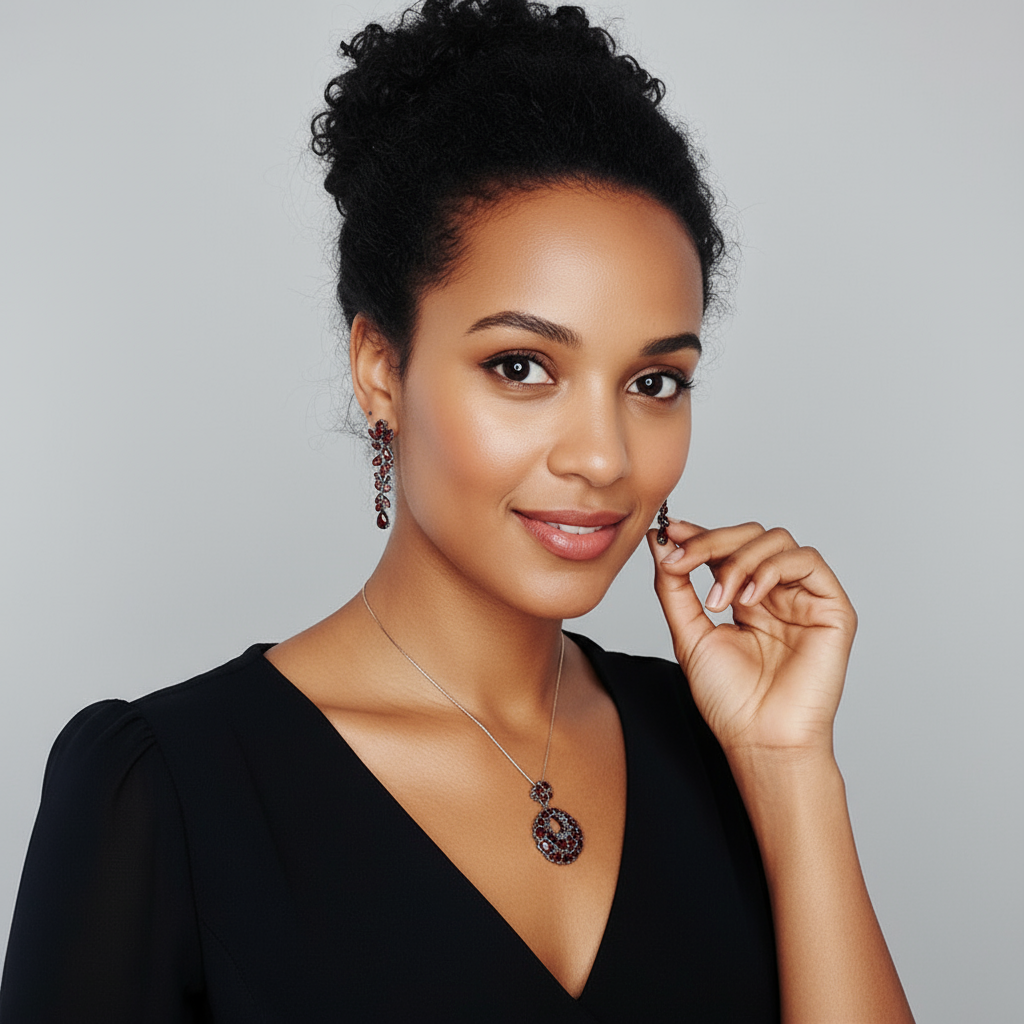 GRACE Vintage Round Garnet Pendant Necklace in Sterling Silver