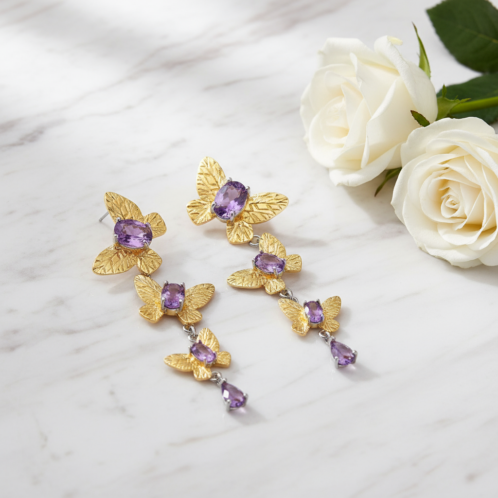 GRACE Gemstone Removable Butterfly Drop Earrings in Gold Plated Sterling Silver