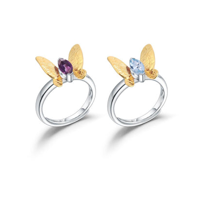 GRACE Sky Blue Topaz Gold Butterfly Adjustable Ring in Sterling Silver
