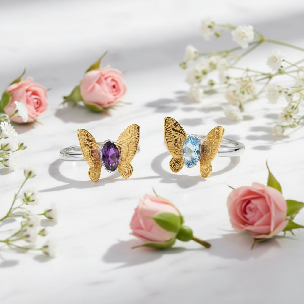 GRACE Amethyst Gold Butterfly Adjustable Ring in Sterling Silver