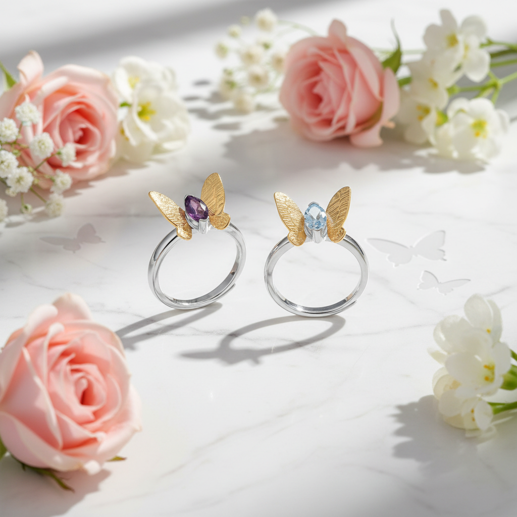 GRACE Amethyst Gold Butterfly Adjustable Ring in Sterling Silver