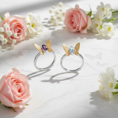 GRACE Amethyst Gold Butterfly Adjustable Ring in Sterling Silver