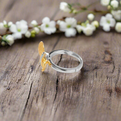 GRACE Sky Blue Topaz Gold Butterfly Adjustable Ring in Sterling Silver