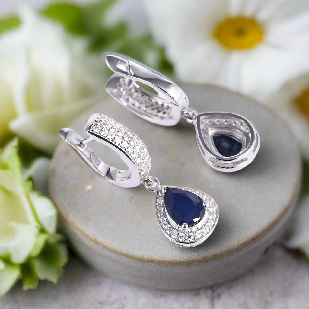 GRACE Halo Pear Cut Blue Sapphire Jewelry Set in Sterling Silver