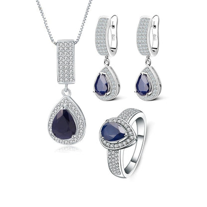 GRACE Halo Pear Cut Blue Sapphire Jewelry Set in Sterling Silver