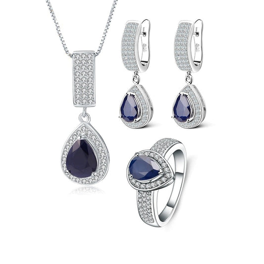 Parure de bijoux GRACE Halo en argent sterling avec saphir bleu taille poire
