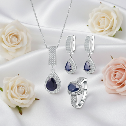 GRACE Halo Pear Cut Sapphire Jewelry Set in Sterling Silver