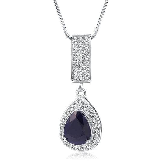 GRACE Halo Pear Cut Sapphire Pendant Necklace in Sterling Silver