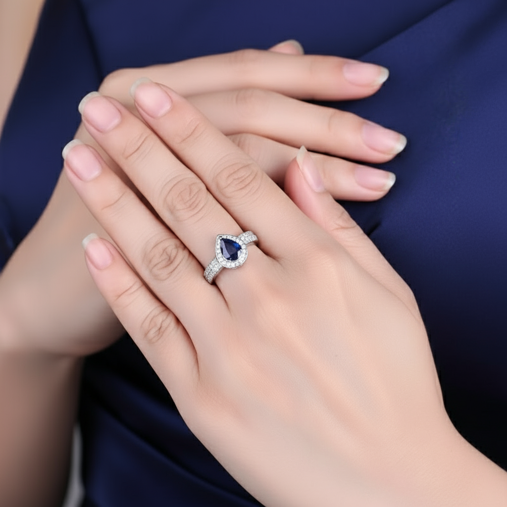 GRACE Halo Pear Cut Sapphire Ring in Sterling Silver