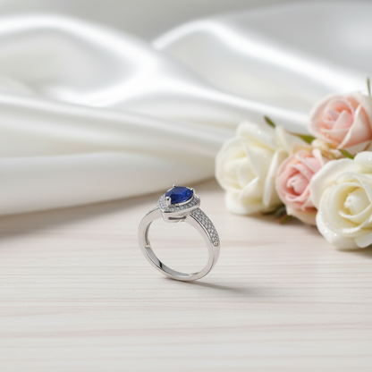 GRACE Halo Pear Cut Sapphire Ring in Sterling Silver