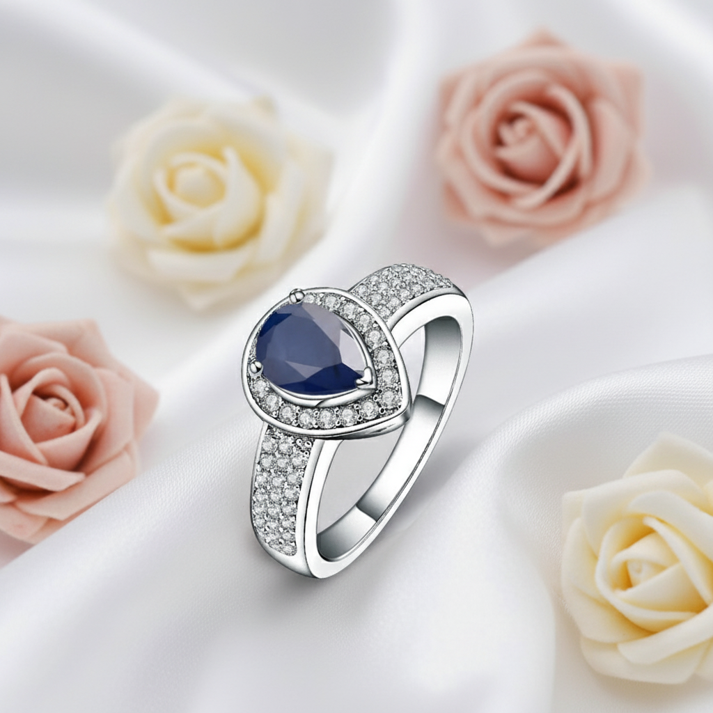 GRACE Halo Pear Cut Sapphire Ring in Sterling Silver