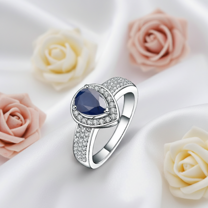 GRACE Halo Pear Cut Sapphire Ring in Sterling Silver