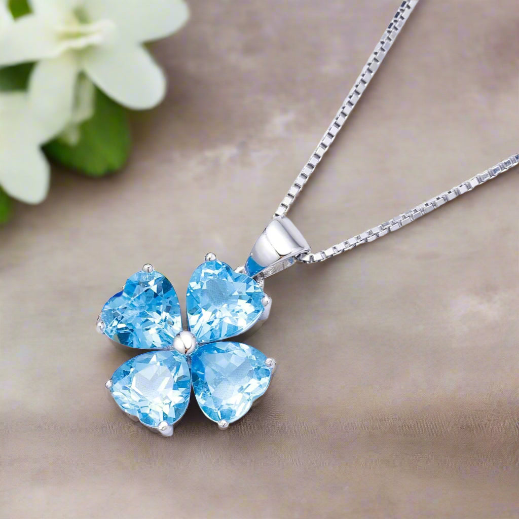 GRACE Heart Swiss Blue Topaz Flower Pendant Necklace in Gold Plated Sterling Silver