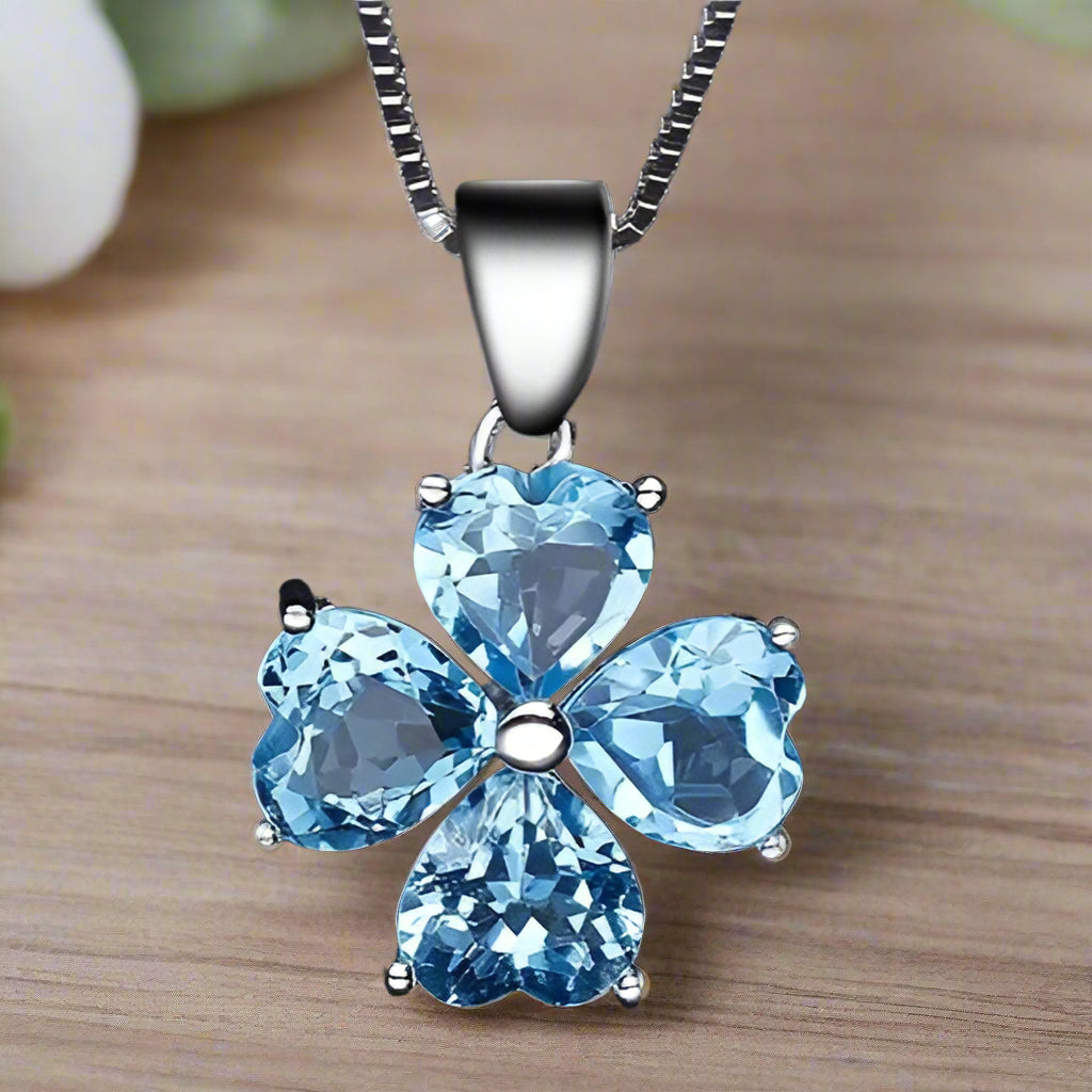 GRACE Heart Swiss Blue Topaz Flower Pendant Necklace in Gold Plated Sterling Silver