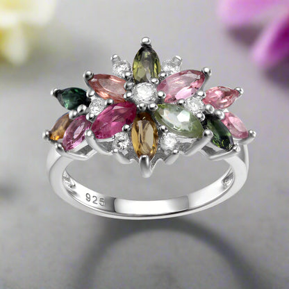 GRACE Marquise Gemstone Flower Ring in Sterling Silver
