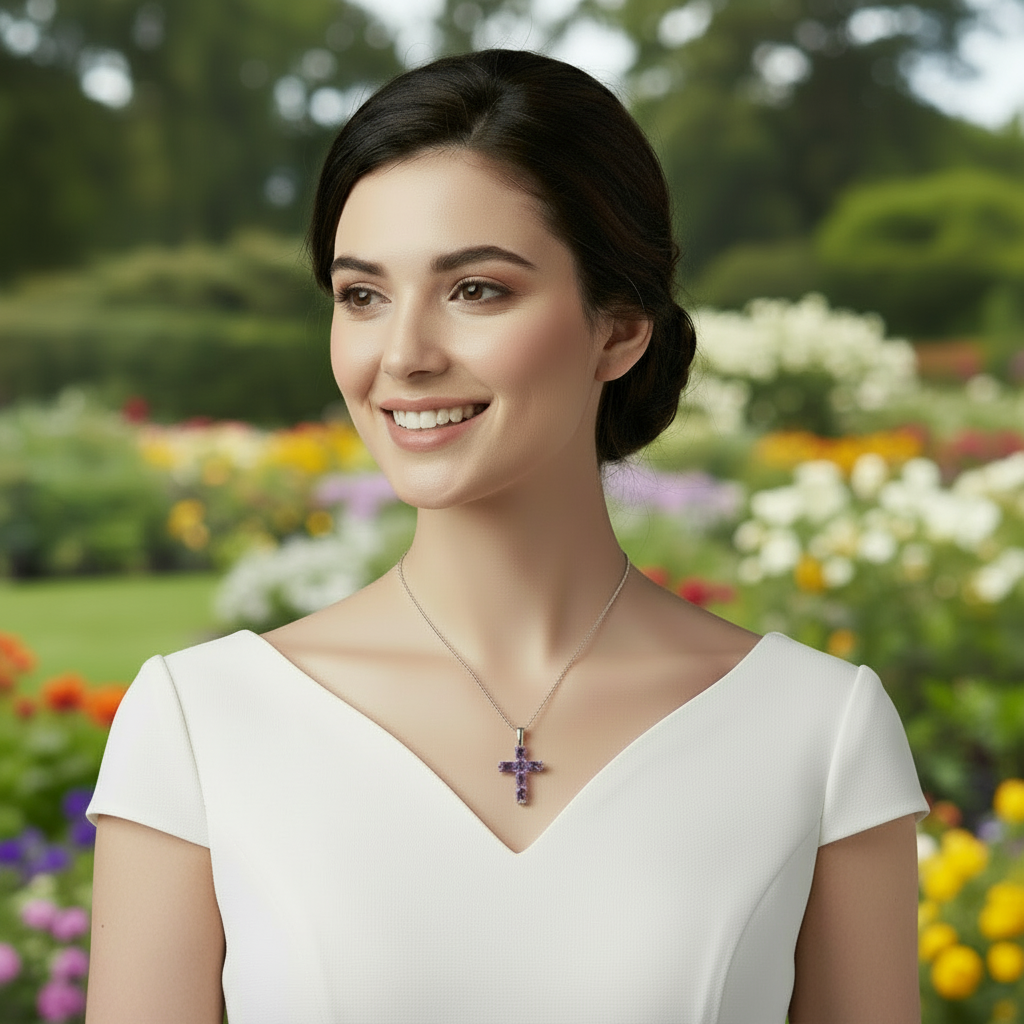 GRACE Oval Multi-Stone Cross Necklace in Sterling Silver