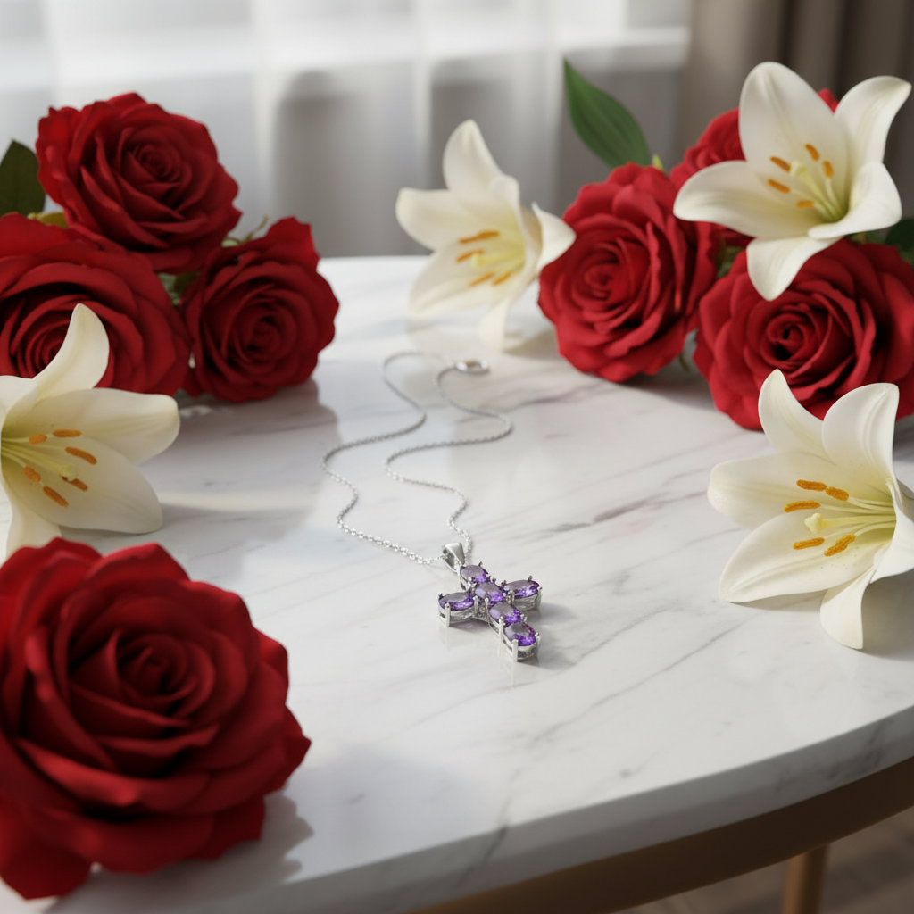 GRACE Oval Amethyst Multi-Stone Cross Necklace in Sterling Silver