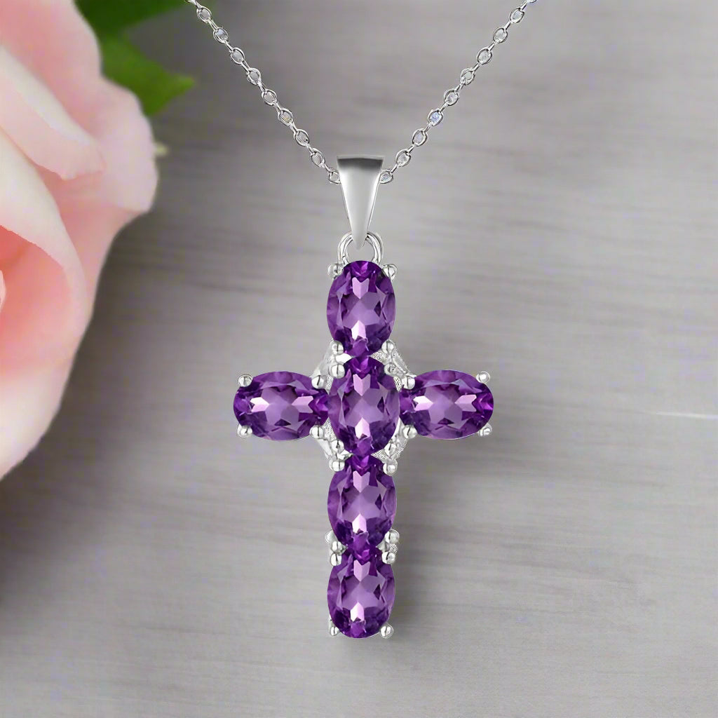 GRACE Oval Amethyst Multi-Stone Cross Necklace in Sterling Silver