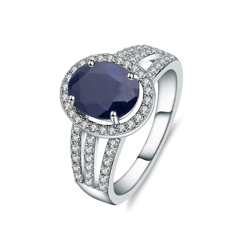 GRACE Oval Blue Sapphire Halo Ring in Gold Plated Sterling Silver