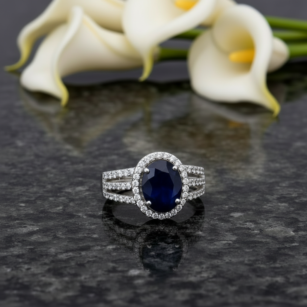 GRACE Oval Blue Sapphire Halo Ring in Gold Plated Sterling Silver